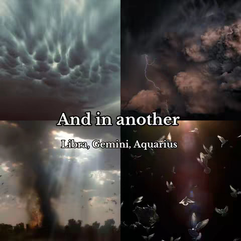 The image is divided into four quadrants. The top left shows dark, swirling clouds. The top right depicts a stormy sky with lightning. The bottom left shows what appears to be a tornado. The bottom right displays several white birds over a dark background. Overlayed in the center is text in a white font.