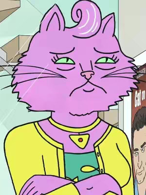 Cover image features a pink anthropomorphic cat character, showing a sad facial expression. The cat wears a yellow sweater over a teal shirt, with a small golden necklace. The background is slightly blurry, and text overlays the image.