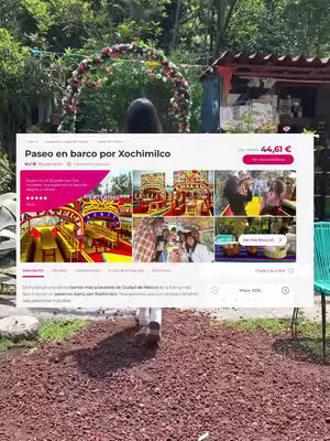 The cover image shows a person walking towards the viewer on a path made of small reddish stones. Behind the person, there is a large arch decorated with flowers. The background includes lush greenery, a small structure, and the interface of an app that displays photos depicting mexican tourist activities.