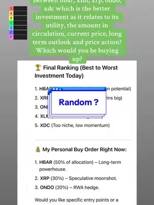 An image with a question in a colored box that asks which investment is better. The image features a ranking of crypto coins, and a user-added dialog box with the word "Random".