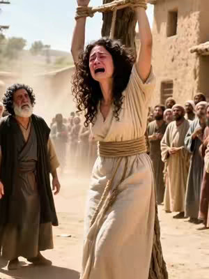 A dramatic image from what appears to be a historical or biblical scene. In the foreground, a woman with dark curly hair is tied to a wooden post, her arms raised above her head. She is crying and appears distressed. The scene is set outdoors with a crowd of onlookers in the background, and the overall color palette is warm, with tones of beige and brown dominating the scene.
