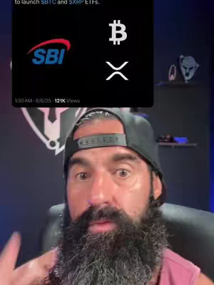 A man with a beard wearing a black cap is in front of the camera. On the top left corner there is text overplayed on the image. The image shows a screenshot of a social media post displaying the logos of SBI, Bitcoin, and Ripple. The background suggests a dark room.