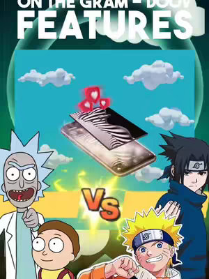 The image features a dynamic composition with the characters Rick and Morty on the left side and Naruto and Sasuke on the right, set against a vibrant backdrop. In the center, a digitally rendered phone is displayed, with an overlay of three heart icons resembling a social media like button. The background shows a sky with clouds, and text at the top reading "FEATURES". A central 'Vs' symbol and energetic lines add to the action-oriented design. The color palette is bright and dynamic, typical of animated content intended for a young audience.