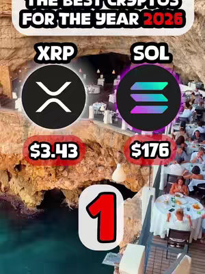 The image shows an outdoor dining setting in a cave-like structure with tables and people. In the foreground are graphic elements: the logos for Ripple (XRP) and Solana (SOL) with their current prices below. Above, "THE BEST CRYPTOS FOR THE YEAR 2026" in bold text, with the year highlighted in red. A large number 1 is also present. The overall composition uses a vibrant, dynamic color palette.