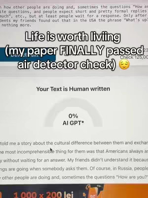 The image shows a screen capture from a web page. The overlayed message reads Life is worth living (my paper FINALLY passed air detector check) with a smiley emoji. Below this is the title Your Text is Human written and a progress bar showing 0% AI GPT. The background contains lines of text, a small logo, and other text. The image is a light color scheme with white text.