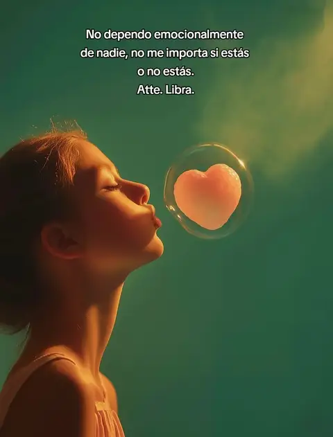 A serene image featuring a young woman exhaling a heart-shaped bubble against a blurred teal background. The woman's profile is in focus, revealing delicate features and flowing hair. The bubble, translucent and softly lit, contains a textured pink heart. Text overlays the image, offering a quote from Libra referring to emotional independence.