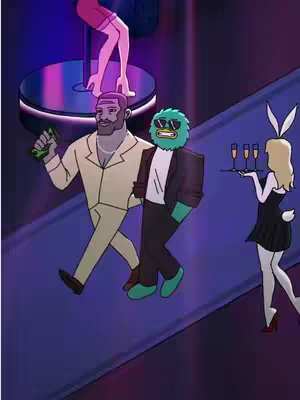 An animated image featuring a man in a beige suit and a person with a teal, furry head and sunglasses walking on a blue lit path.  A woman wearing a black dress, bunny ears, and holding a tray a drinks walks alongside. Near the top of the image, a pole dancer is performing on a stage.