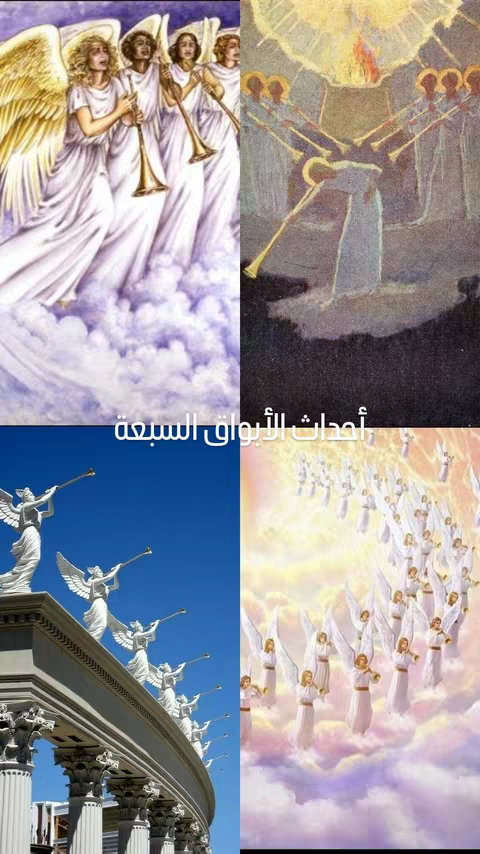A four-paneled image featuring paintings and sculptures of angels. The top-left shows angels blowing trumpets with yellow wings. The top-right shows angels with light rays emanating from above. The bottom-left features sculptures of angels at the top of a building. The bottom-right depicts multiple angels in a cloudy environment. In the center is the Arabic text. 