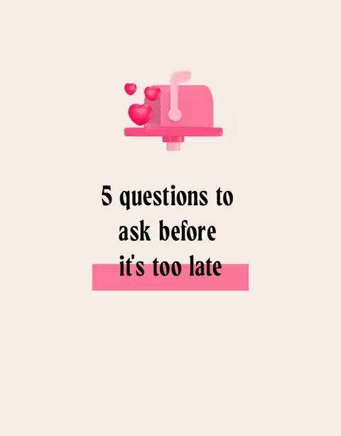 The cover image features a 3D rendered pink mailbox with a heart-shaped flag and three hearts floating above it against a soft cream background. Below the mailbox, the text reads \"5 questions to ask before it's too late\" in a stylish, slightly bold font, with a pink rectangle highlighting the last line of text.