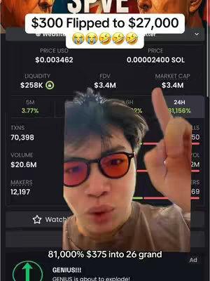 A young man with glasses points towards a screen displaying cryptocurrency data, including impressive gains. The background suggests a financial app interface with key metrics like price, trading volume, and market capitalization. The layout is straightforward, with the man's face prominently featured in front of the data.