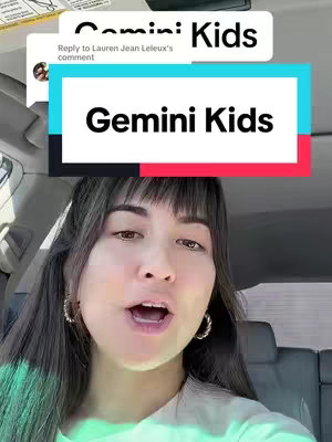 A woman with long dark hair and hoop earrings sits in a car. A text overlay features a turquoise rectangle with the words "Gemini Kids" in large bold black lettering, stacked on a red rectangle with the same black text.