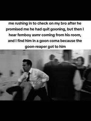 A black and white image from a movie scene with a man running through a hallway. Text overlays the image, detailing a humorous situation.