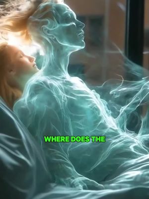 The image showcases a digitally created illustration depicting a figure rising from bed, with a translucent, glowing form. The person rises with what appears to be a soul rising from their body with the text overlayed at the bottom that reads "WHERE DOES THE". The background color is the color of an interior. The composition suggests the spiritual theme of the video. The overall composition is a dreamy, ethereal feel.