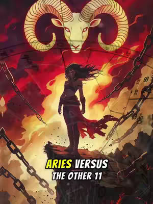 An illustrated image depicts a fantasy scene themed around the zodiac sign Aries. A central figure, a female warrior, stands atop a rocky precipice. Above her is the head of a ram, and surrounding her are animated chains, against a fiery red background. Text overlayed across the bottom reads ARIES VERSUS THE OTHER 11.