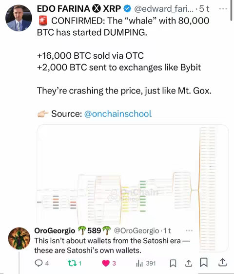 The cover image features a screenshot of a Twitter post with a financial news theme centered on cryptocurrency. The layout is divided into two main sections; the top displays a user's post with a photo of a man in a suit, and the bottom shows a second user's comment in a separate box. The top section has a dark blue background and white text giving current trading details, while the bottom section has a white background with text and details regarding Satoshi's wallets. The color palette consists mainly of white, blue, and green, with a few red and orange accents for emphasis in the details.