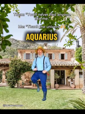 The image shows a man dressed in old-fashioned attire, posing in front of a house, with text overlays indicating the subject is related to the Aquarius zodiac sign.