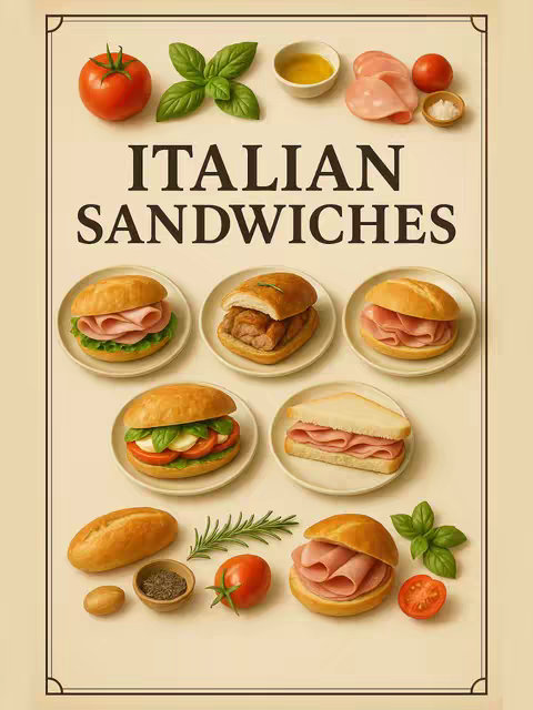 A vertically oriented image with a cream-colored background features an arrangement of Italian sandwiches and ingredients. The top part of the image shows various ingredients, including a tomato, basil leaves, mortadella slices, oil in a small bowl, and other elements, all arranged in a visually appealing manner. Below, there are five different sandwiches presented on white plates. Each sandwich showcases a different combination of ingredients, such as fresh mozzarella and tomato, slow-roasted pork, mortadella with lettuce, ham and tuna, and prosciutto with mozzarella. Small bowls with seasoning and ingredients (like tomatoes) also sit throughout the image.