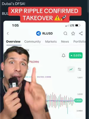 A man in a black shirt is holding a microphone and pointing with his index finger. The background displays a phone screen with a finance app interface, including a graph and data related to RLUSD. A red banner at the top reads 'XRP RIPPLE CONFIRMED TAKEOVER', with a rocket icon. The overall composition suggests a finance-related video.