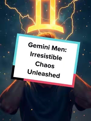 The cover image features a person with their arms raised, with a blurred background of a sky and lightnings. In the center, a superimposed rectangle contains the title "Gemini Men: Irresistible Chaos Unleashed". Above the title, a golden Gemini symbol is visible.