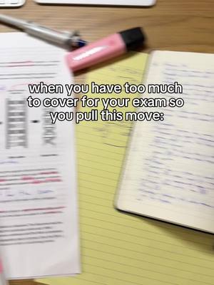 The image shows a close up of stationary items on a wooden surface. There are sheets of notebook paper on the left, a pink highlighter in the middle, and a notebook on the right. Text is overlaid on the image.