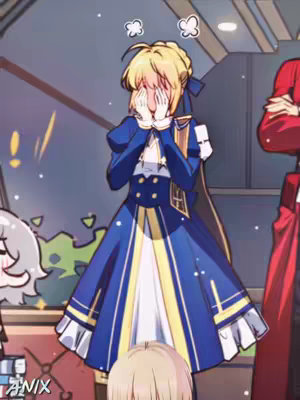 An anime-style illustration of the character Saber from the Honkai Star Rail video game. Saber is shown in a blue dress with gold accents, covering her face with her hands. Above her head are two small cloud-like shapes, indicating emotion or thought. Other characters are partially visible in the background. The overall composition uses a soft, animated aesthetic with a focus on character expression.