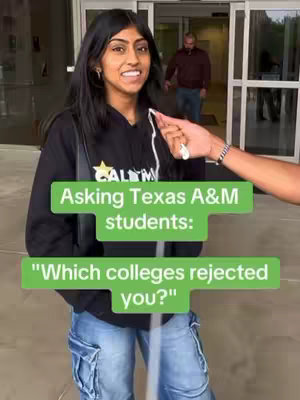 A young woman is being interviewed outdoors, standing in front of a building entrance. Text overlays on her face and a green banner displays questions. A person is holding a microphone to her, and other people are visible in the background near the entrance. The image uses bright lighting.
