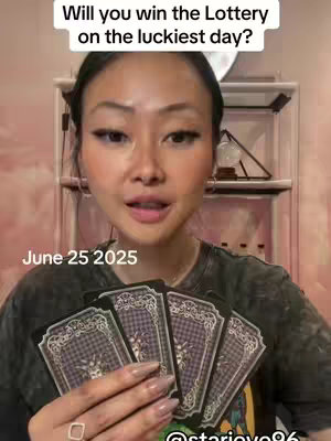 A woman with dark hair and makeup holds tarot cards, with the frame set up for a selfie-style video. Text overlays include a question about winning the lottery on the luckiest day and the date "June 25 2025."