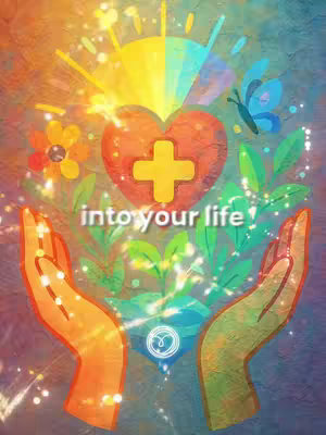 An artistic illustration features a heart symbol at the center with a cross in the center  overlaid against a radiant backdrop with hands reaching up at the bottom.