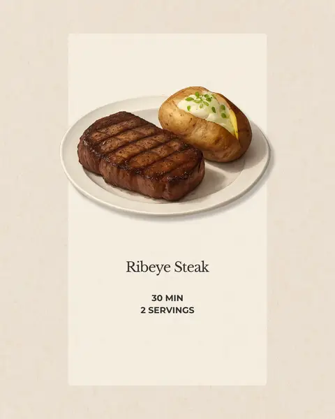 A visually appealing image featuring a cooked ribeye steak and a baked potato on a white plate, set against a light beige background. The steak has visible grill marks, indicating it has been cooked, and is next to a baked potato topped with butter and chives. Below the plate, the text "Ribeye Steak", "30 MIN", and "2 SERVINGS" are displayed in a clean, readable font.
