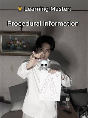 A young man in a white shirt holds a skull-shaped figurine and a drawing. Text overlays at the top read "Learning Master: Procedural Information". The background has a picture frame and a wall.