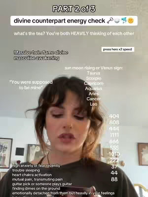 A woman with wavy brown hair stares directly at the camera, her expression neutral with slightly parted lips. Text overlays appear in the upper left and center, listing information about twin flames and energy checks. Below the woman, various phrases and numbers are listed.