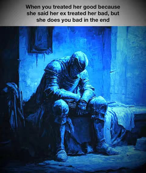An AI-generated image of a medieval knight in full armor, seated on a stone bench within a blue-toned interior. The knight has their head bowed, conveying a sense of melancholy. The background is a dimly lit, stylized room with architectural features. The overall composition is dark and moody, emphasizing the knight's dejected posture.