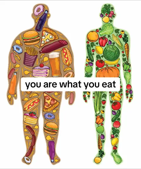An illustrated image featuring the outline of two human figures. One is filled with unhealthy foods like burgers and pizza, while the other figure is filled with healthy foods like fruits and vegetables. The phrase "you are what you eat" is overlaid on the image.