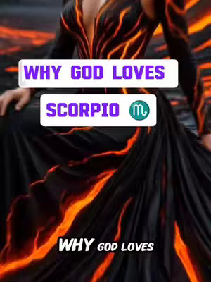 The image features a person in a dark, flowing dress. The dress and the backdrop have a visual effect of orange, lava-like patterns. Overlaid on the image are text boxes with the words 'WHY GOD LOVES' and 'SCORPIO' along with the Scorpio astrological symbol.