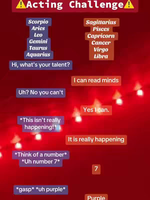 The image is a vertically oriented graphic with a dark red background and various overlaid text elements in different colored rectangles. At the top, in a yellow outlined box, it says "Acting Challenge". Below are names of zodiac signs divided in two columns, with the left side appearing in shades of dark blue and the right is in orange. The rest of the image are speech bubbles used to create an acting challenge game. 