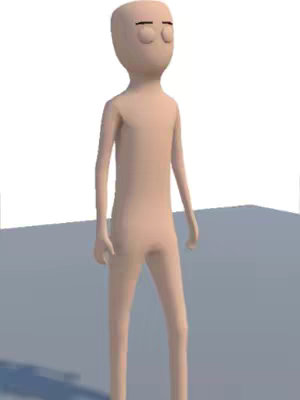 A 3D rendered animation of a pale, featureless humanoid figure standing with its arms at its sides. The figure has a smooth, rounded head with small black lines representing closed eyes. It is set against a simple background of a gradient gray plane.