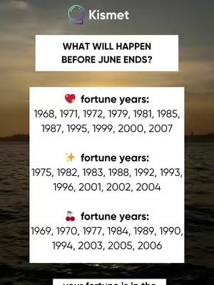 The image is composed with layers of text over a blurred background of a sunset over water. The top has the name "Kismet" and a tagline, followed by a rectangular white box containing the question "WHAT WILL HAPPEN BEFORE JUNE ENDS?" Below, are three sets of text separated by icons (a heart, a star, and a cherry), each followed by a list of years. The bottom part of the image is blurred, obscuring the exact nature of the text.