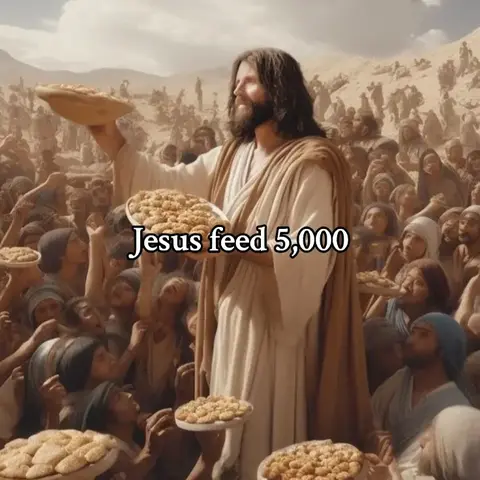 The image depicts a biblical scene. Jesus, with long hair and a beard, stands prominently in the center. He is dressed in robes and is holding plates of food, seemingly bread or baked goods, aloft while looking towards his right. A large crowd of people surrounds him, many with their hands raised as if reaching for food. The overall color palette is warm, with earth tones emphasizing the setting. Text overlaid on the image reads 'Jesus feed 5,000'.