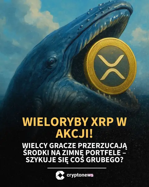 An artistic illustration depicting a large whale with its mouth open, seemingly about to swallow a golden coin with the XRP symbol on it. The whale is set against a backdrop of a blue sky with some fluffy clouds. Below the whale, there's text in Polish with the title 'WIELORYBY XRP W AKCJI!' and additional information about XRP.