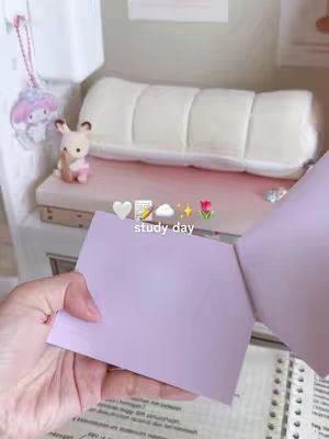The cover image shows a hand holding a purple paper notepad, with an open notebook and other study-related items in the background. There is a heart, a pencil, a cloud, stars and a flower emoji above some text that says study day. In the background there is a shelf with a plush-looking cushion, a small stuffed animal, and other studying supplies.