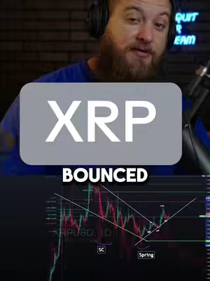 The cover image features a man with a beard wearing headphones, positioned in front of a chart graphic on a screen. The word "XRP" is displayed in a white font on a gray rectangular box in the top center, and the word "BOUNCED" is displayed in a white font at the bottom of that box. The man is looking towards the camera. On the chart, several lines move and interact with each other, and "SC" and "Spring" are written on the bottom of the chart.