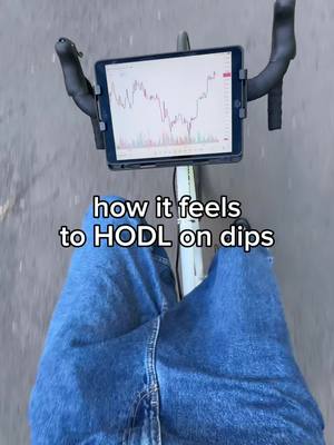 The cover image shows a first-person perspective of someone riding a bicycle. The handlebars are visible at the top of the frame, with a tablet mounted on them displaying a stock market graph that is trending downwards. Below the tablet, the rider's blue jeans and a portion of the bicycle's frame are visible. The text overlay reads, "how it feels to HODL on dips."