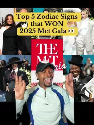 The image is a vertical collage featuring a central image of the Met Gala logo overlayed with text. Surrounding this are various images of people, including what appear to be celebrities in Met Gala attire. The main subject, a Black male, is in the foreground, expressing excitement with open arms and a smile. The overall layout is dynamic, with a mix of image types and a strong use of color.