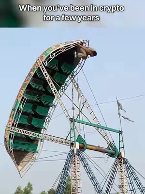 An image of an amusement park ride, a large rotating arm with a passenger car that is nearly upside down. A person is seen hanging on with their head near the ground. The sky is a light blue. The text overlayed on the image reads, "When you've been in crypto for a few years."