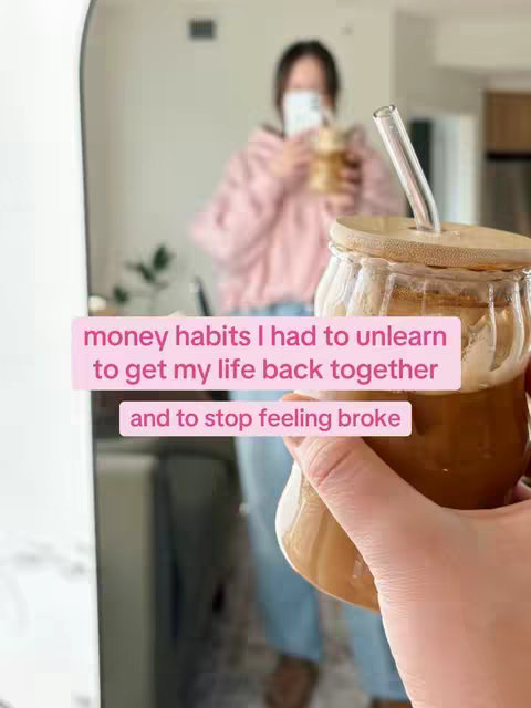 The cover image features a woman holding a glass of iced coffee, slightly out of focus, with text overlays on a pale pink rectangle. Behind her, the mirror and surrounding interior are visible, a soft and blurred ambiance.