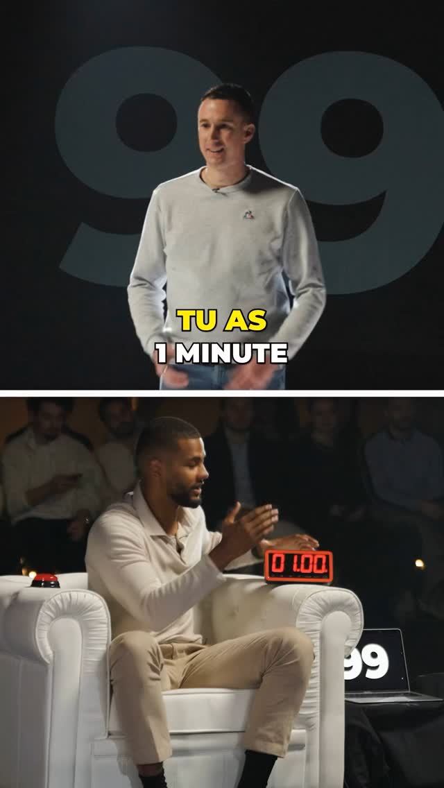 The cover image is split into two sections. The top half shows a man in a light gray sweater against a black background with a large number "99" behind him. The text overlay reads "TU AS" in yellow and "1 MINUTE" in the same color. The bottom half shows a man seated in a white armchair, clapping in a warmly lit environment. There's a timer showing "0 00" and a number "99" to the side.
