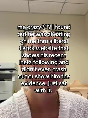 A selfie-style video cover image featuring the person looking at the camera, with overlaid text describing a cheating situation.