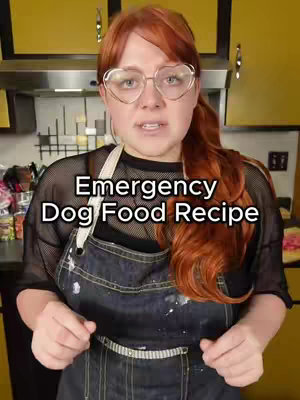 A woman with red hair and heart-shaped glasses stands in a kitchen setting, wearing an apron, with the text "Emergency Dog Food Recipe" overlaid on the image.