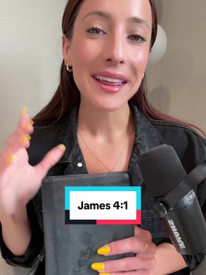 A woman with long brown hair holds a Bible in front of a microphone. She is smiling and gesturing with her right hand. A text overlay with "James 4:1" is highlighted in the center of the image.
