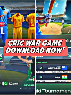 A multi-panel image promoting a cricket game. The top left shows cricket uniforms, the top right has a batter, and the bottom panels have gameplay screenshots.